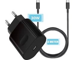 GaN USB C Oplader met lange USB-C Kabel - 3 Meter - 30W - Snellader - Oplaadkabel USBC - Super Snel Laden