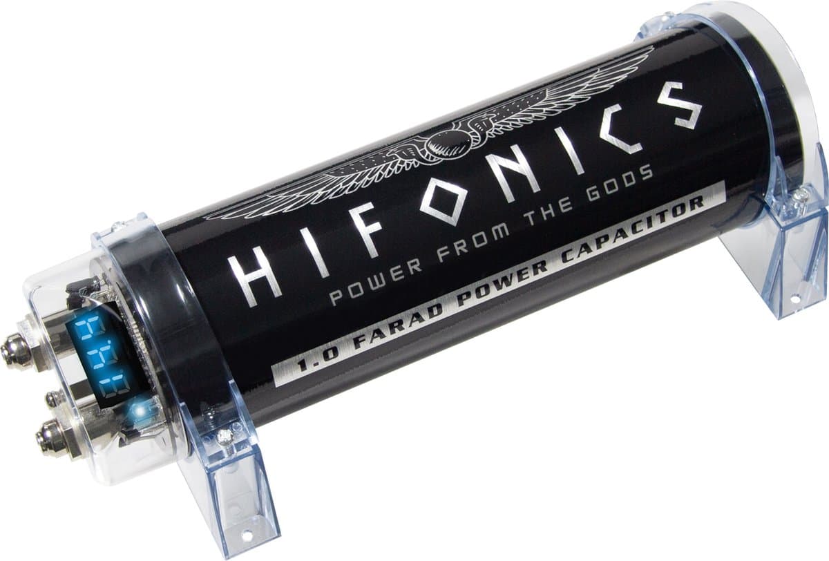 HiFonics HFC1000 - Autoversterker - Condensator 1 Farad - Power capacitor - Stroom buffer 1.0 Farad - Elco - met Volt meter — afbeelding 1