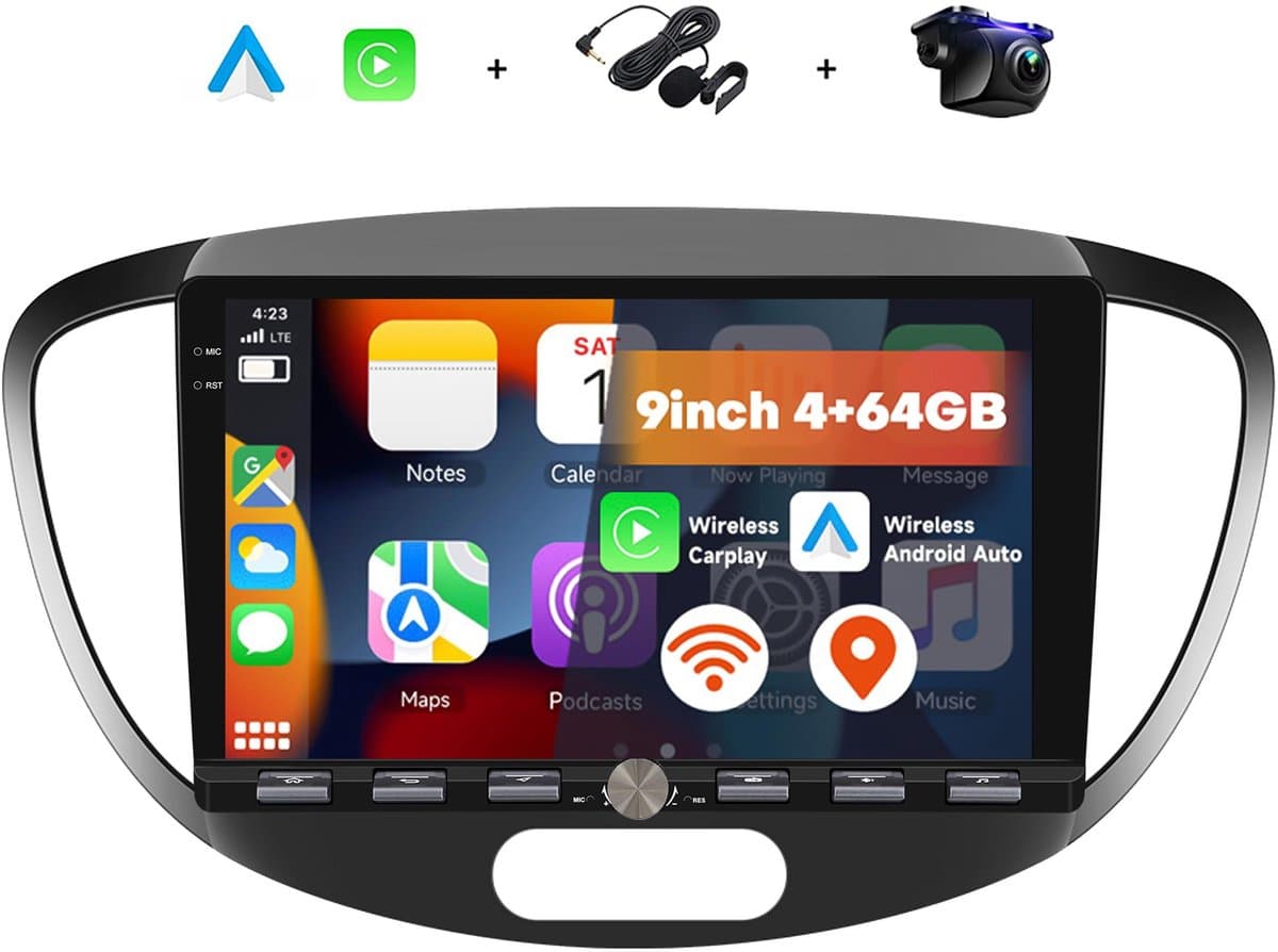 Boscer 2 Din Autoradio - Geschikt voor Hyundai i10 2008-2013 - Draadloos Apple CarPlay & Android Auto - Vernieuwd Bedieningspaneel - 9 Inch HD Touchscreen - Android 15 - 4+64GB - GPS - WiFi, Bluetooth & USB - Achteruitrijcamera & Microfoon — afbeelding 1