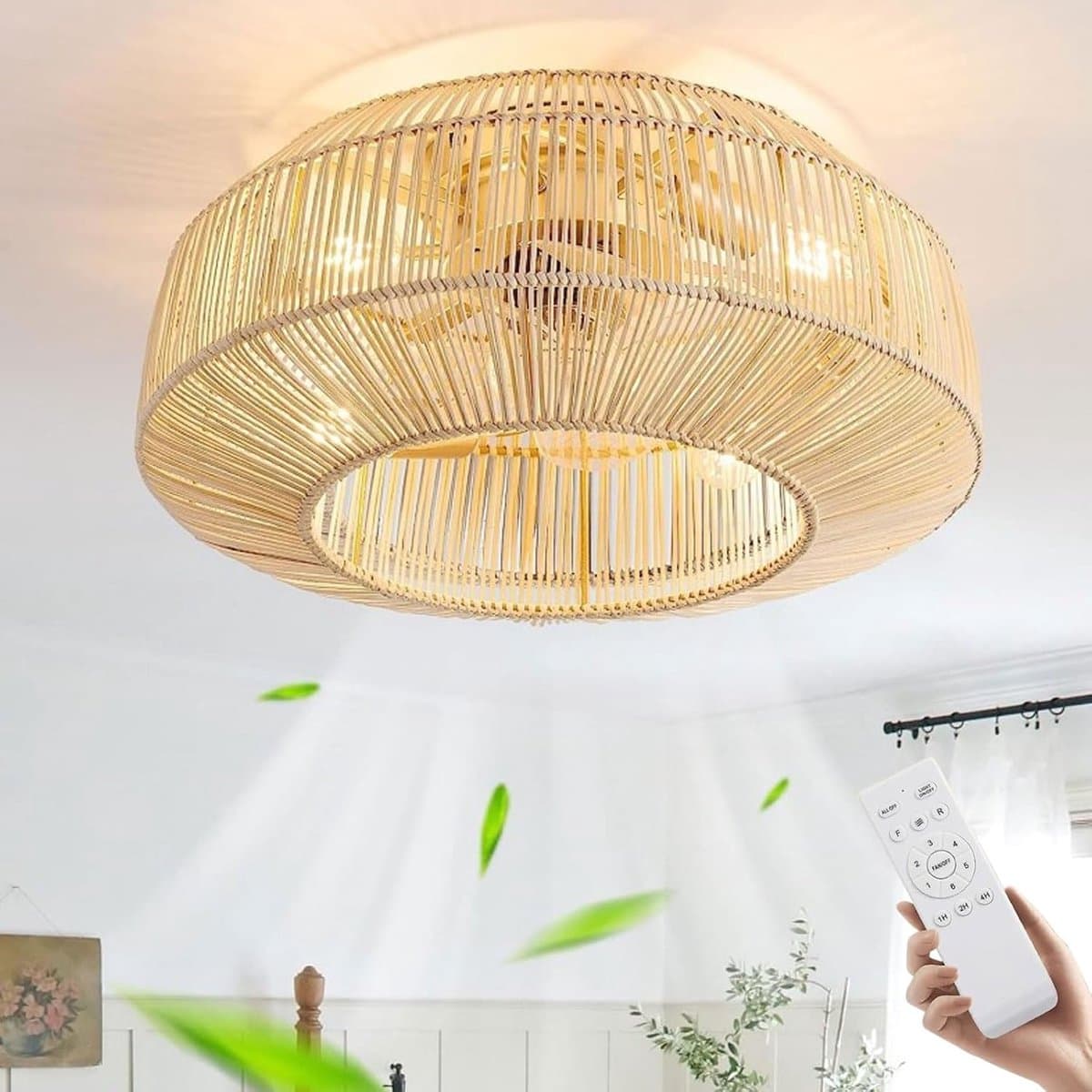 Plafondventilator met Verlichting – Stil – Afstandsbediening – 6 Snelheden – E27 – Rotan Bamboe — afbeelding 1