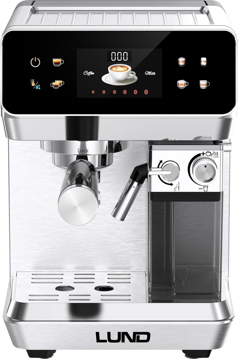 LUND 68503 Premium Pistonmachine – Espressomachine met Automatische Melkopschuimer – 20 Bar – Voor Gemalen Koffie & ESE Pads – 8 Programma's – RVS — afbeelding 1