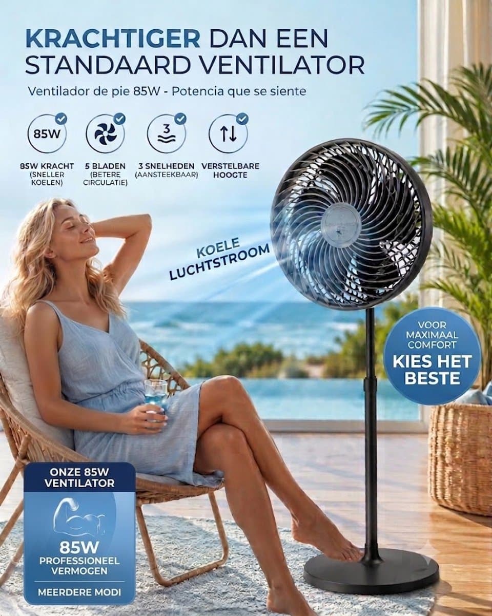 Krachtige Ventilator - Statiefventilator - Tafelventilator- 85W - 25CM - 3 Snelheden - Zwart — afbeelding 1