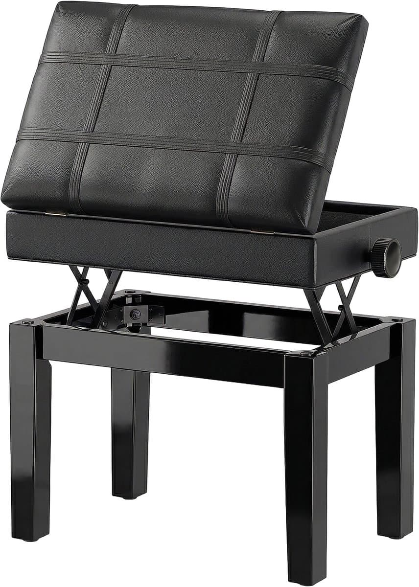 Pianokruk pianobank piano bank make-upkruk kruk met opbergruimte in hoogte verstelbaar (63 x 35 x (45-56) cm), rubberhout, zitkussens van zwarte synthetische stof — afbeelding 1
