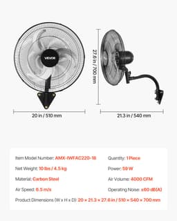 VEVOR 59W Industriële Wandventilator 51 cm, 6,5 m/s Oscillerende Wandventilator met 3 Snelheden en Verstelbare Kantelhoek, Commerciële Industriële Ventilator voor Werkplaats, Garage, Magazijn, Sportschool, Zwart — thumbnail 2