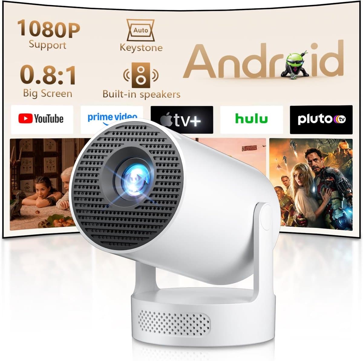 SnelShoppen - Mini Beamer 4K Projector met WiFi 6 & Bluetooth 5.4, Draagbare Smart Projector voor Buiten, 180° Rotatable, Voor Smartphone/PC/Laptop, P — afbeelding 1