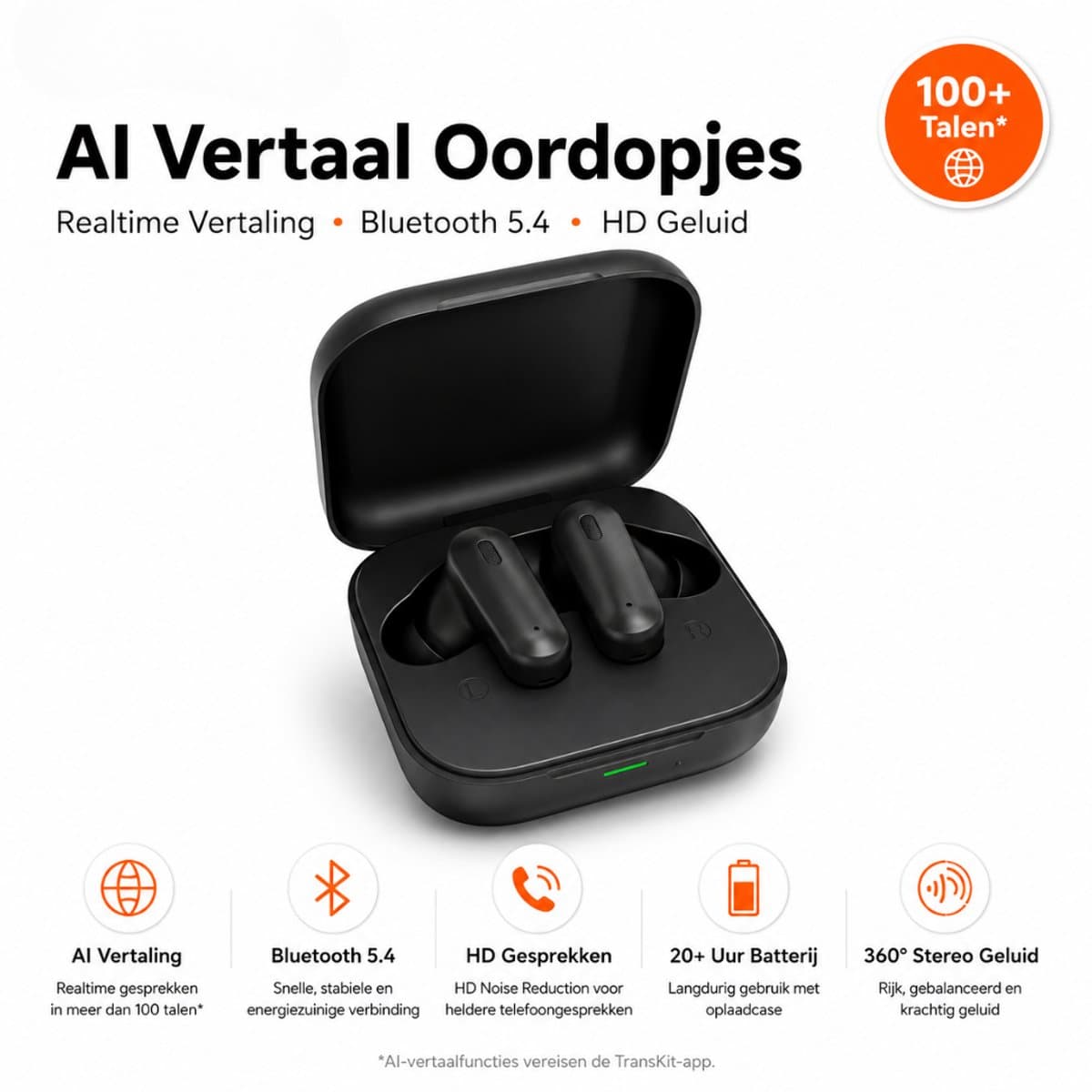 AI TWS Translator Pro Draadloze Vertaal Oordopjes - Real-Time AI Vertaling via TransKit App - Bluetooth 5.4 - HD Noise Reduction - 360° Stereo - USB-C - Zwart — afbeelding 1
