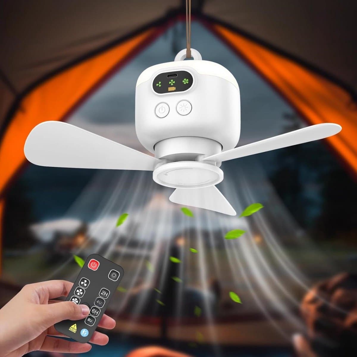 GELLDG Oplaadbare Plafondventilator met Verlichting - Stille Ventilator voor Buiten - 8000mAh USB-Campingleut - Geschikt voor Tent, Tuin en Terras - Plastic - Afmetingen 11x27x27cm — afbeelding 1
