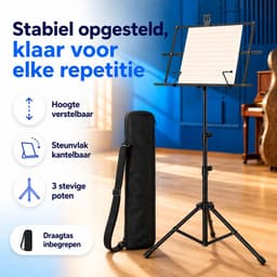 JustValue Opvouwbare Muziekstandaard - Verstelbaar 47-95 cm - Met Draagtas - Zwart — thumbnail 2