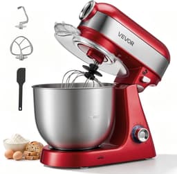 VEVOR Elektrische Staande Mixer 5L 1000W Deegmachine voor Koekjesdeeg en Crème, Deegkneedmachine met 10 Snelheidsinstellingen, SUS304 Mengkom, Kantelbare Kop, Spatbescherming en Antislipvoetjes, Rood — thumbnail 1