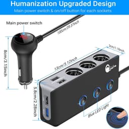 Thijox - Verbeterde QC 3.0 Auto Sigarettenaansteker met 120W DC, 3 Contactdozen en 4 USB Poorten voor Snel Opladen van iPhone, Android, GPS, Dashcam e — thumbnail 4