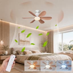 MUPOO Houtlook Plafondventilator met verlichting E27 - 3 Kleurstanden - Dimbaar & Plug & Play - Stil & Geheugenfunctie- Ventilator lamp Voor Slaapkamer & garage — thumbnail 1
