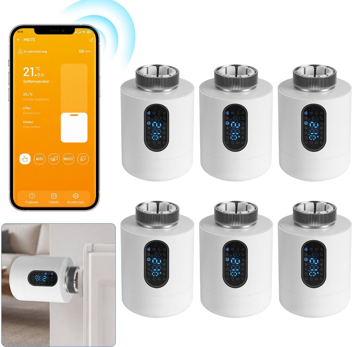 Slimme Thermostaatkraan voor Radiator – WiFi, App en 6 Modi – Wit – 6-pack — afbeelding 1
