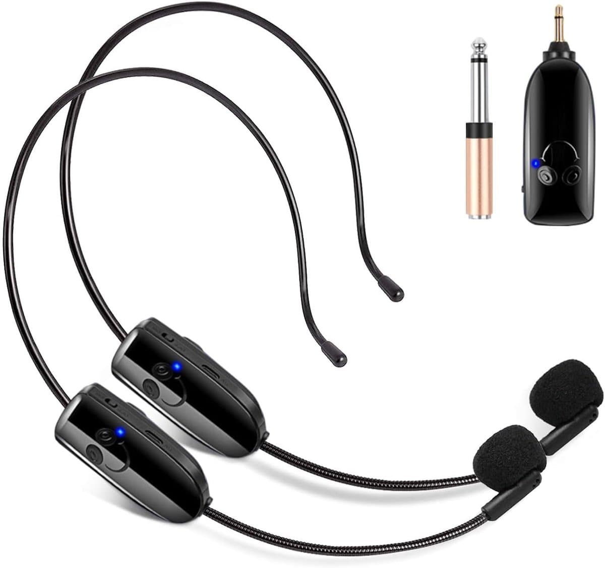 Draadloos microfoonsysteem voor 2 personen – dubbele draadloze headset 2,4G en handmicrofoon 2-in-1 – bereik 150 ft – voor stemversterker, podiumluidsprekers, docent. — afbeelding 1