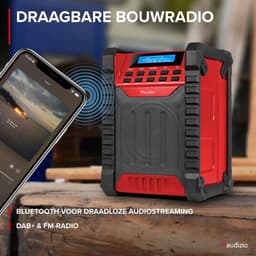 Bouwradio - Audizio Jobsite bouwradio met accu - Bluetooth, DAB+ en FM - IP54 waterdicht - Rood — thumbnail 5