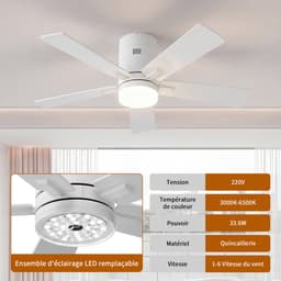 Plafondventilator met Lamp Wit – Stille Ventilator met 6 Snelheden & Afstandsbediening — thumbnail 3