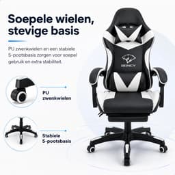 Boncy® Gaming Stoel - Comfortabele Gamestoel met Voetsteun - Game Chair Verstelbaar in Hoogte - 170° Verstelbare Rugleuning - Wit / Zwart — thumbnail 4