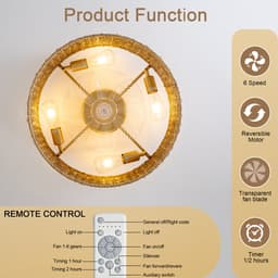 19 inch vierkant rotan plafondventilator met licht - App en afstandsbediening - 6 versnellingen omkeerbaar - ABS bladen - Japanse stijl - Geschikt voor lage plafonds — thumbnail 5