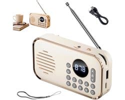 Retro radio - met Bluetooth-functie – Draagbare mini-luidspreker – Walkman-luidspreker – Ondersteunt MP3, USB, microSD-kaart, antenne en Bluetooth-luidspreker – Geschikt voor thuis, op kantoor en buitenshuis - 123*34*67 mm - 1200 mAh - Beige
