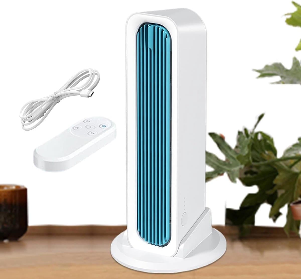 Bladloze Tafeltorenventilator met losse voet - draagbare USB torenventilator - 3 standen - afstandsbediening - Mobiele Airco - Persoonlijke Koeler - Stille ventilator met sterke luchtstroom - Voor slaapkamer en kantoor — afbeelding 1