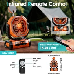 Camping ventilator met LED lamp, oplaadbare USB tafelventilator 20000mAh stil en draagbaar voor tent, reizen en buitengebruik — thumbnail 3