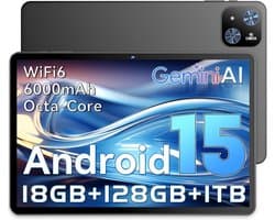 SnelShoppen - Tablet Android 15 10.1 Inch Black, Octa-Core T30, 18GB RAM, 128GB, IPS, 6000mAh, WiFi 2.4/5G, GPS, Face ID, Type-C, BT, 3.5mm Jack - Ide
