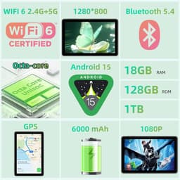SnelShoppen - 10 Inch Android 15 Tablet - Octa-Core, 18GB RAM, 128GB ROM (1TB TF), IPS 1280x800, 5MP+8MP Camera, WiFi 5G, 6000mAh, Face ID, Google Cer — thumbnail 2