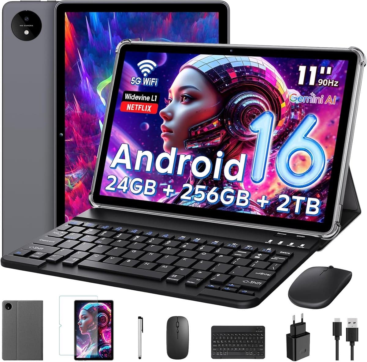 SnelShoppen - Android Tablet 11 Inch met Gemini AI, Octa-Core T7250, 24GB RAM, 256GB ROM (uitbreidbaar tot 2TB), 16MP + 8MP Camera, 8000mAh Batterij, — afbeelding 1