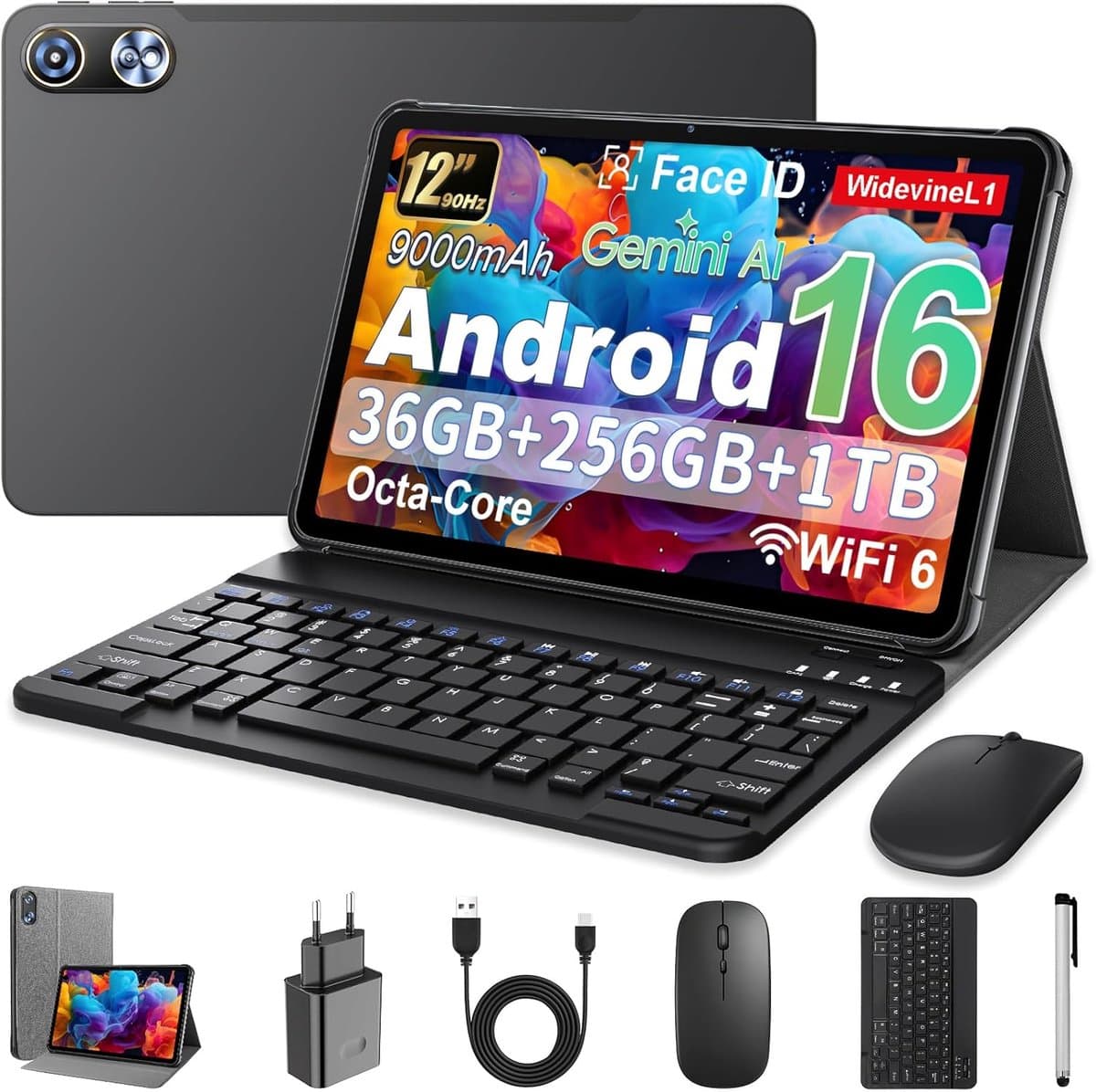 SnelShoppen - 12 Inch Android 16 Tablet met Gemini AI, 36GB RAM, 128GB ROM, 1TB TF, 1920x1200 HD Display, 8MP + 20MP Dual Camera, Keyboard, Mouse & St — afbeelding 1