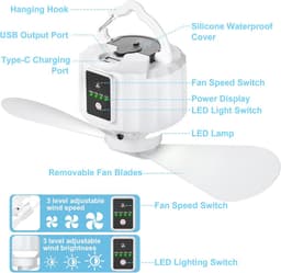 Campingventilator – Oplaadbare USB Ventilator 5200 mAh – Met LED Licht en Ophanghaak – 3 Snelheden – Draagbare Tentventilator voor Camping, Auto, Kantoor en Thuis — thumbnail 4
