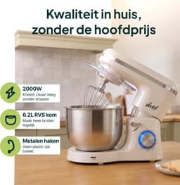 Vivid Green 2000W Keukenrobot - 6.2L - Mixer met Mengkom - Keukenmachine - Keukenmixer - Creme — thumbnail 2