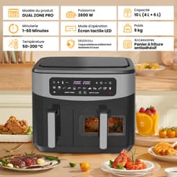 Dubbele heteluchtfriteuse met kijkvenster, 10L (4L x 6L), 2600W capaciteit dubbele Airfryer, 12-in-1-programma's, Air Fryer met touchscreen — thumbnail 3