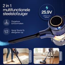 VANJOOL® Steelstofzuiger Draadloos – 120W Krachtige Accu Stofzuiger – 2-in-1 Kruimeldief – 9 kPa Zuigkracht – Zakloos – Inclusief 3 Opzetstukken – CleanDetect Technologie – Zwart / Blauw — thumbnail 3