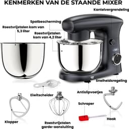Keukenmachine Krachtige Motor & Stijlvol Design voor Perfecte Resultaten – Keukenrobot met 2 RVS Kommen 4L en 5L en 10 Snelheden – Keukenmixer Stil & Duurzaam voor Mixen en Kneden | Ideaal voor Bakken & Dagelijks Gebruik — thumbnail 5