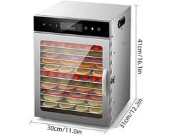 Damenzo - Voedseldroger - Droogoven - Dehydrator - 801 tot 1000W - 30 tot 90 graden - Kijkvenster - Touchscreen - 12 laags - Ingebouwde timer - RVS