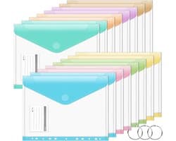 16-delige A4+ plastic mappen met perforaties, brede Polly Pocket mappen, 8 verschillende documentfolders met klittenbandsluiting en 11 gaten voor efficiënt archiveren en organiseren