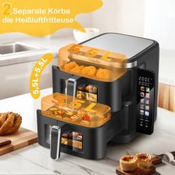 Airfryer – Heteluchtfriteuse – Dubbele Mand – Dubbele Lade – XXL Heteluchtoven – 11L Capaciteit – Verticaal Stapelbaar – PFAS-vrij – 2800W – 10 Kookprogramma’s – Sync & Match Functie — thumbnail 7