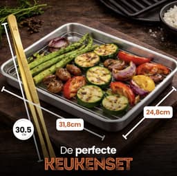 Braadslede met Afkoelrooster 304 RVS 31,8 x 24,8 x 3 cm + Gouden Keukenpincet 30,5 cm – Oven, BBQ & Airfryer Set — thumbnail 2