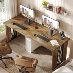 Industrieel Bureau 200 x 70 x 76 cm – Dubbel Werkbureau voor 2 Personen, Extra Lang Computerbureau / Vergadertafel met Houten Blad en Metalen Frame voor Thuiskantoor – Bruin – Dader — thumbnail 1
