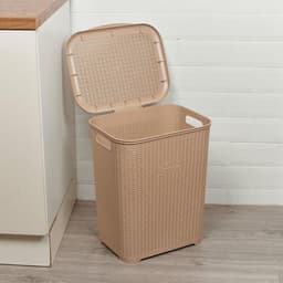 Wasmand met deksel - Vuile was mand - Waskamer organiseren - Rotan geweven patroon - 47x36x33 cm - Cappuccino — thumbnail 4