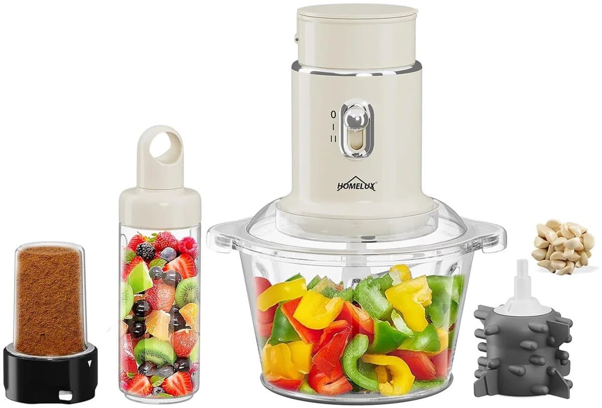 Homelux - 4-in-1 Keukenmachine – Hakmolen – Blender – Mixer – 2L Glazen Kom – 600ml Smoothie Beker – 250W Foodprocessor – Knoflooksnijder – Kruidenmolen – Compact Keukenapparaat – Voor Groenten Vlees Noten Smoothies – Keukenhulp — afbeelding 1