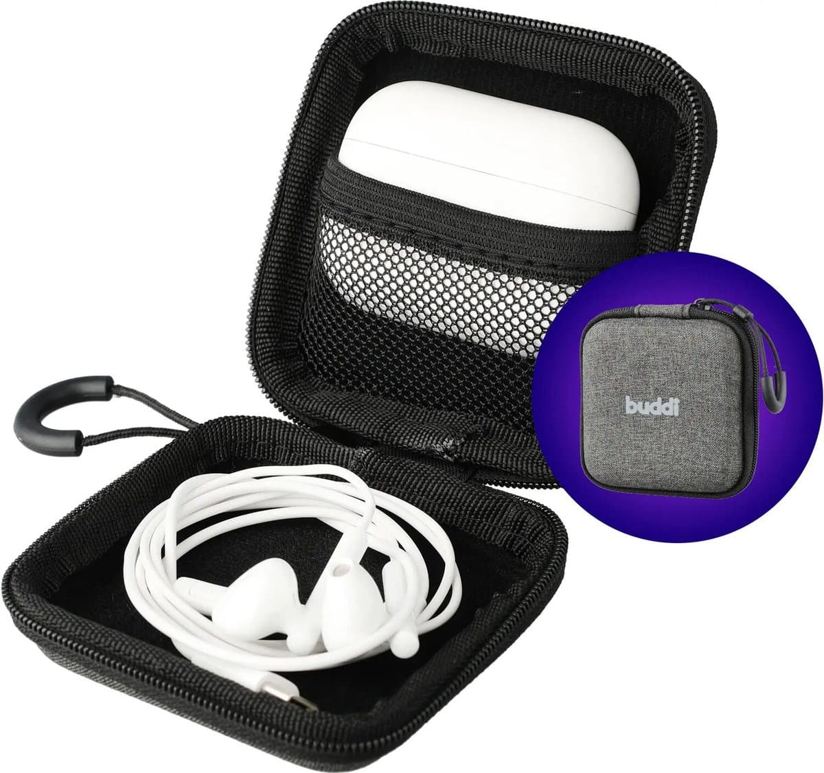 Buddi Sorted Organizer Hoesje voor Oordopjes - Compact Opbergdoosje - Tasje - Met Ritssluiting en Haakje - Hard Case - Geschikt voor o.a kabels en AirPods - 8 x 8 x 3 cm - Zwart — afbeelding 1