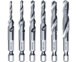 Set van 6 combinatieboor- en snijsets voor schroefdraad, M3 M4 M5 M6 M8 M10, voor metaal, hout en kunststof, snelwissel systeem