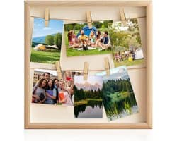 3D Fotocollage Fotolijst van Hout voor Creatieve DIY Fotodesigns - 32 x 32 cm Wanddecoratie met Clips en Touw voor Unieke Foto Displays