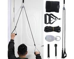 Multifunctionele katrollen voor schouderrevalidatie boven de deur, ideaal voor fysiotherapie en herstel van schouderblessures, met verstelbaar koord en gebruiksvriendelijk ontwerp