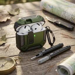 Groen hoesje voor oordopjes met cleaning kit – robuuste shockproof beschermhoes geschikt voor AirPods 4 met clip en carbon look details — thumbnail 2