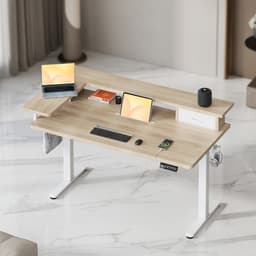 Elektrisch Zit Sta Bureau In Hoogte Verstelbaar 120x60 cm met Lade en USB – Ergonomisch Sta Bureau Computerbureau met Dubbele Opslaglaag, Kabelmanagement en FSC Houten Blad – Beige/HoutlookMobili Bella — thumbnail 2