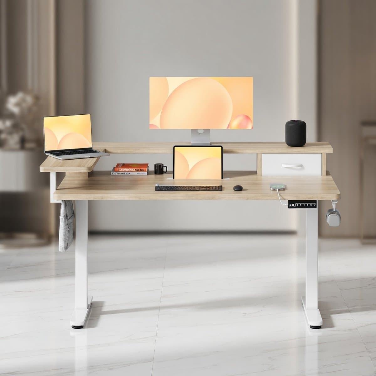Elektrisch Zit Sta Bureau In Hoogte Verstelbaar 120x60 cm met Lade en USB – Ergonomisch Sta Bureau Computerbureau met Dubbele Opslaglaag, Kabelmanagement en FSC Houten Blad – Beige/HoutlookMobili Bella — afbeelding 1