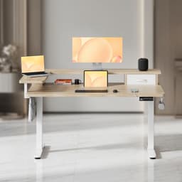Elektrisch Zit Sta Bureau In Hoogte Verstelbaar 120x60 cm met Lade en USB – Ergonomisch Sta Bureau Computerbureau met Dubbele Opslaglaag, Kabelmanagement en FSC Houten Blad – Beige/HoutlookMobili Bella — thumbnail 1