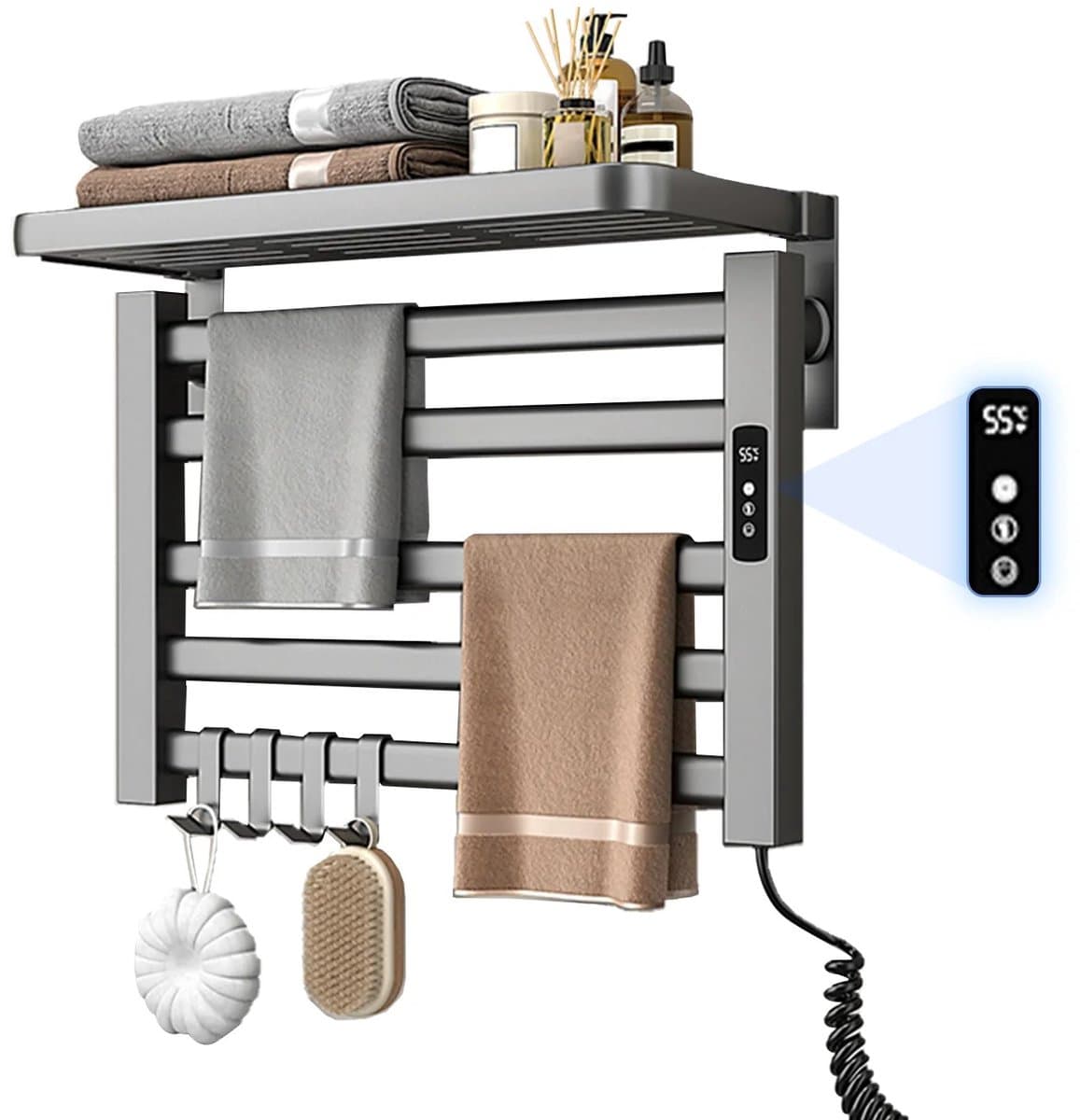 Slimme Elektrische Handdoekverwarmer van Koolstofvezel – Digitale Temperatuurregeling 30-70°C – 24-uurs Timer – Boorvrije Installatie – Aluminium Handdoekdroger voor Badkamer & Hotel — afbeelding 1
