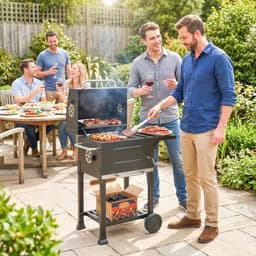 Premie Houtskool Barbecue - Compacte Smoker Barbecue - Barbecuegrill - Grillwagen - Houtskoolgrill met Deksel, Bijzettafel, Deksel, Thermometer, Planken - Verplaatsbaar - BBQ voor buiten, tuin - Zwart — thumbnail 4